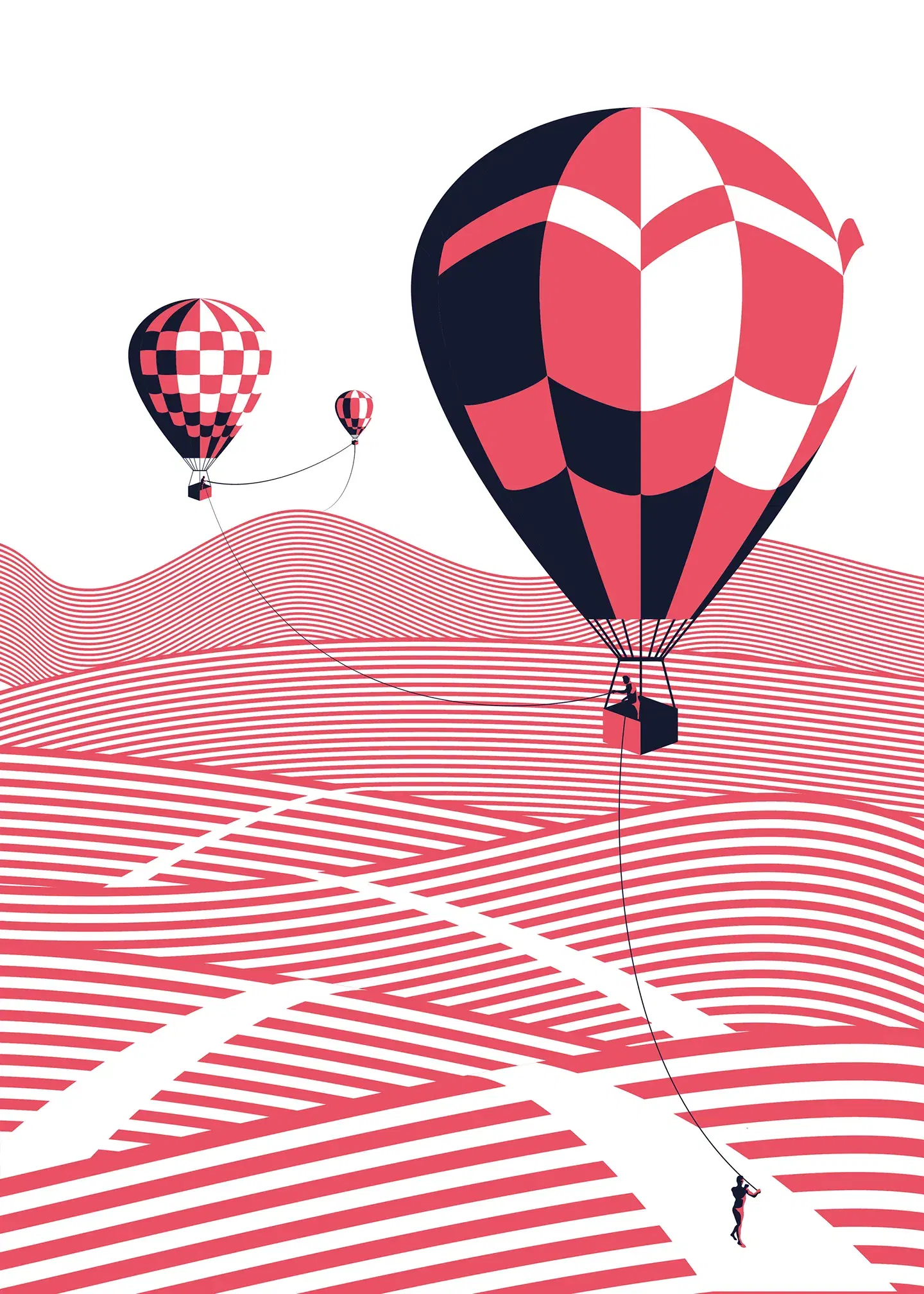 Hot air balloons over striped hills